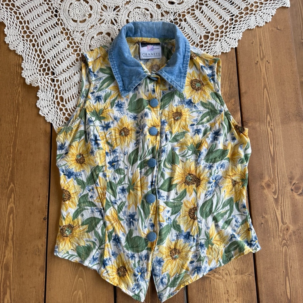 Vintage Sunflower Floral Vest Denim Collar Cottagecore Button Front